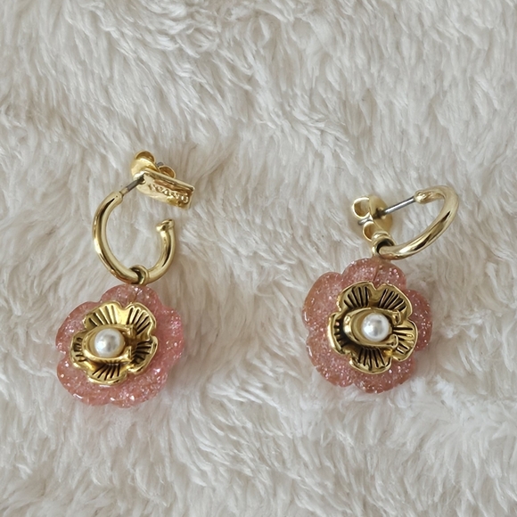Coach Jewelry - Coach Tea Rose Stud Dangle Earrings Half Hoop Pink Gold Pearl Resin